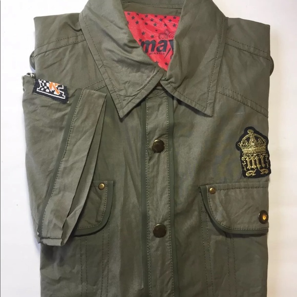 Max Men’s Short Sleeve Button Down Shirt Patched Army Green M - Picture 9 of 11